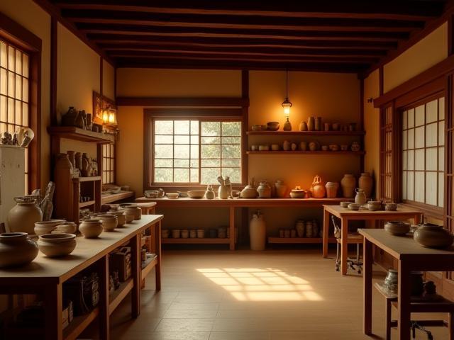 Warm and inviting interior of Tobi Craft Studio in Kyoto, showcasing traditional pottery tools, kilns, and an atmosphere of serene creativity