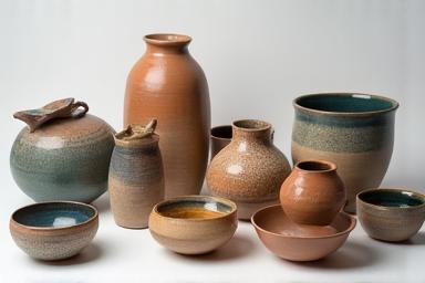 A vibrant array of pottery pieces showcasing diverse glazing techniques and intricate surface decorations like sgraffito and Mishima.