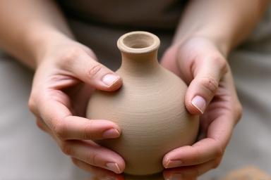 An artisan carefully joining two pieces of clay using hand-building techniques to create a unique, organic vase form.