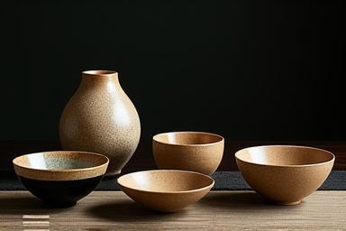 A curated collection of exquisite traditional Japanese pottery, including Raku tea bowls, Shino vases, and Oribe dishes, each with unique characteristics.
