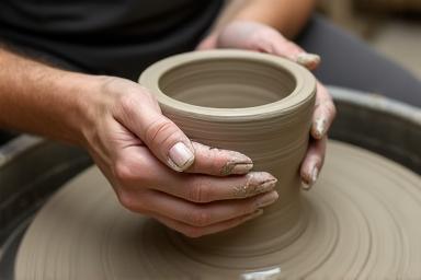 Close-up of skilled hands expertly shaping wet clay on a rapidly spinning pottery wheel, demonstrating precision and control.