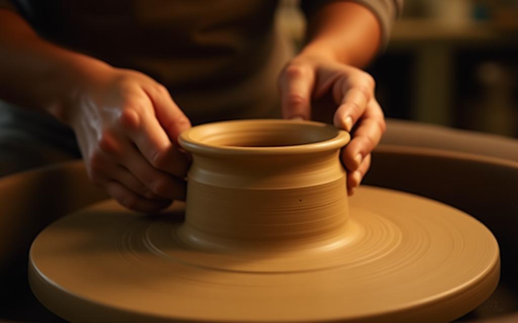 Artisan hands shaping clay on a pottery wheel, warm lighting