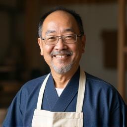 Professional headshot of Kenji Tanaka, a master potter with a kind smile, wearing traditional workshop attire.