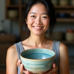 Professional headshot of Yumi Sato, a pottery instructor with a creative spark in her eyes, holding a beautifully glazed piece.